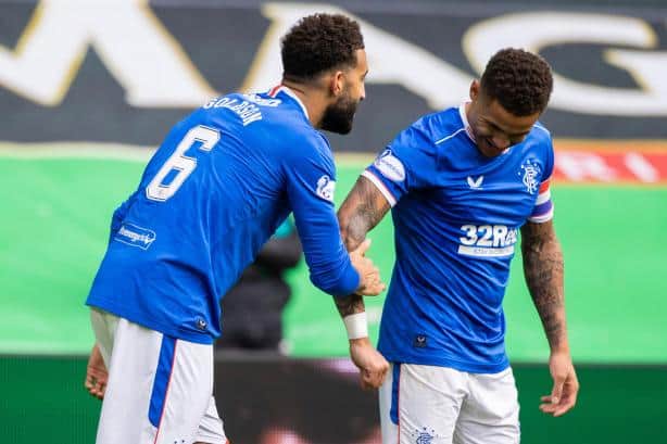 Connor Goldson celebrates with James Tavernier after Rangers' first goal against Celtic (Photo by Craig Williamson / SNS Group)