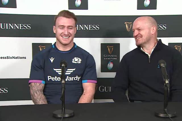 Scotland head coach Gregor Townsend with captain Stuart Hogg at the 2022 Guinness Six Nations Championship launch. Picture: ©INPHO/GUINNESS Six Nations