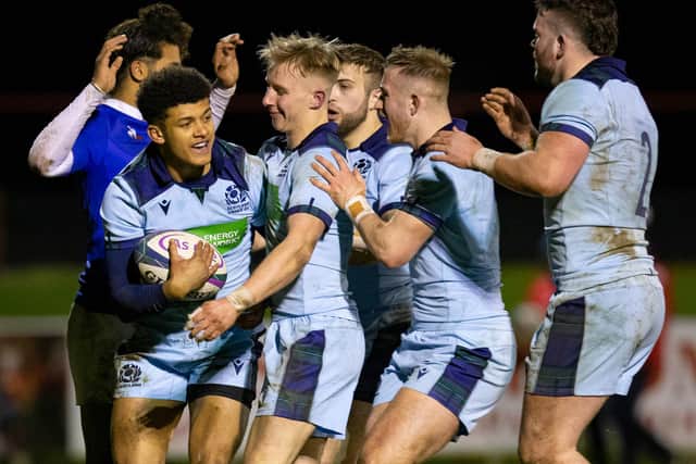 Scotland’s Jacob Henry celebrates his try during the Under-20 Six Nations match against France last year. There has been no age-grade rugby this season. Picture Bruce White/SNS