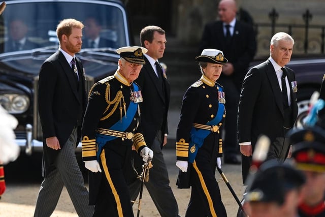Prince Harry, Duke of Sussex, King Charles III, Peter Phillips, Princess Anne, Princess Royal, and Prince Andrew, Duke of York following the State Funeral of Queen Elizabeth II at Westminster Abbey.