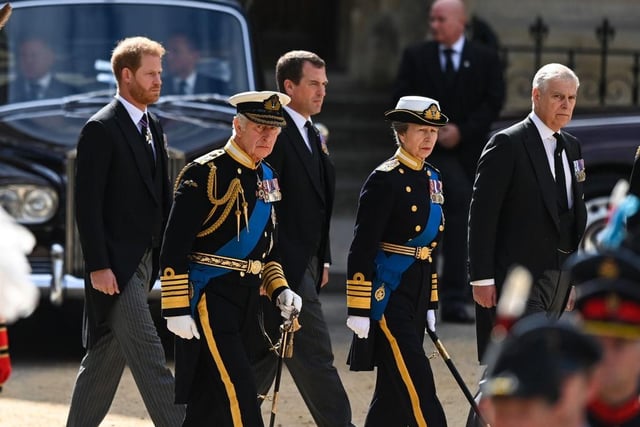 Prince Harry, Duke of Sussex, King Charles III, Peter Phillips, Princess Anne, Princess Royal, and Prince Andrew, Duke of York following  the State Funeral of Queen Elizabeth II at Westminster Abbey.