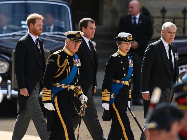 Prince Harry, Duke of Sussex, King Charles III, Peter Phillips, Princess Anne, Princess Royal, and Prince Andrew, Duke of York following the State Funeral of Queen Elizabeth II at Westminster Abbey.