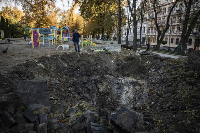 A crater left by a Russian missile strike on a playground in Taras Shevchenko Park in Kyiv, Ukraine (Picture: Ed Ram/Getty Images)