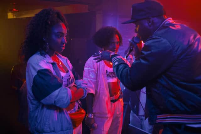 Normani as Entice, Dominique Thorne as Barbie, and Demario Driver as Too $hort in Freaky Tales. Picture: Lionsgate