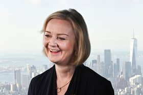 Prime Minister Liz Truss speaks to journalists at the Empire State Building in New York.