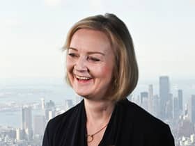 Prime Minister Liz Truss speaks to journalists at the Empire State Building in New York.