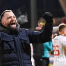 Dunfermline manager James McPake celebrates the win over Falkirk.