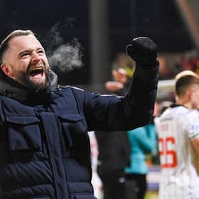 Dunfermline manager James McPake celebrates the win over Falkirk.