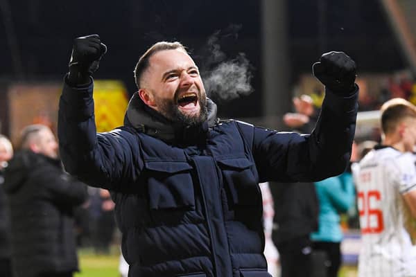 Dunfermline manager James McPake celebrates the win over Falkirk.