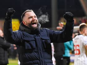 Dunfermline manager James McPake celebrates the win over Falkirk.