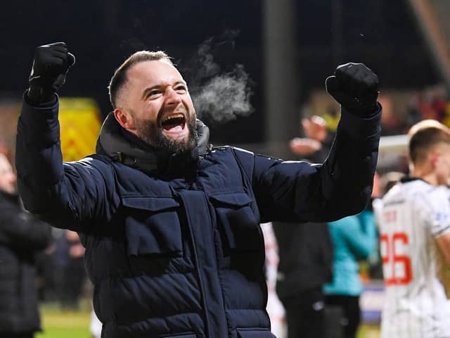 Dunfermline manager James McPake celebrates the win over Falkirk.