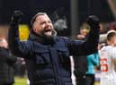 Dunfermline manager James McPake celebrates the win over Falkirk.