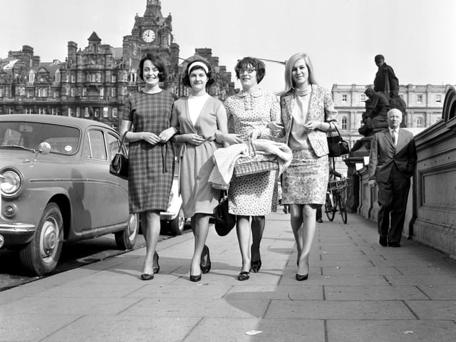 Four women with summer dresses on make their way to work on North Bridge, Edinburgh, 1960s.
