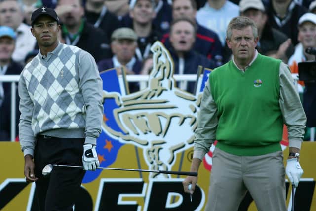 Tiger Woods and Colin Montgomerie pictured during the 2004 Ryder Cup at The K Club. Picture: Adrian Dennis/AFP via Getty Images.