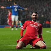 Rafa Silva celebrates after his goal helped Benfica progress in the Europa League at Rangers' expense.