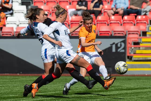 CUMBERNAULD, SCOTLAND - JUNE 06: Hayley Lauder scores to make it 1-0 Glasgow City during a Scottish Women's Premier League match between Glasgow City and Rangers at Broadwood Stadium on June 06, 2021, in Cumbernaul, Scotland (Photo by Mark Scates / SNS Group)