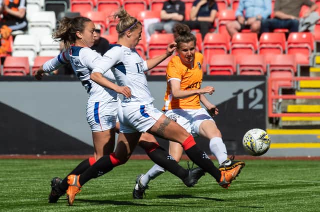 CUMBERNAULD, SCOTLAND - JUNE 06: Hayley Lauder scores to make it 1-0 Glasgow City during a Scottish Women's Premier League match between Glasgow City and Rangers at Broadwood Stadium on June 06, 2021, in Cumbernaul, Scotland (Photo by Mark Scates / SNS Group)