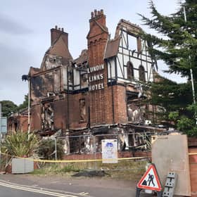 The charred remains of the former Lundin Links Hotel before demolition started