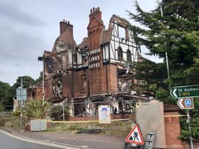 The charred remains of the former Lundin Links Hotel before demolition started