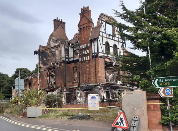 The charred remains of the former Lundin Links Hotel before demolition started