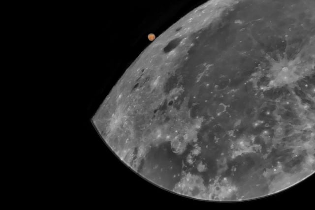 Highly Commended
Lunar Occultation of Mars © Joshua Harwood-White
The lunar occultation of Mars was one of the most interesting celestial events of 2022. Here, an iPhone was used with a Celestron Astromaster 102az Refractor Telescope to capture the moment just before the Moon blocked our view of Mars.  

‘This image showcases the capabilities of modern technology. Just a smartphone and modest telescope have been used to beautifully capture a fantastic celestial showcase from 2022. Often in astrophotography, the key to success is being able to react quickly to an event. With occultations this is even more important as they happen fast and require timing and preparation. In addition, the processing and presentation of the image is fantastic and it really feels like a moment snapped in time.’ - Steve Marsh

Taken with a Celestron Astromaster 102AZ Refractor telescope, 102 mm Achromatic lens, Manual Alt Azimuth mount, Apple iPhone SE