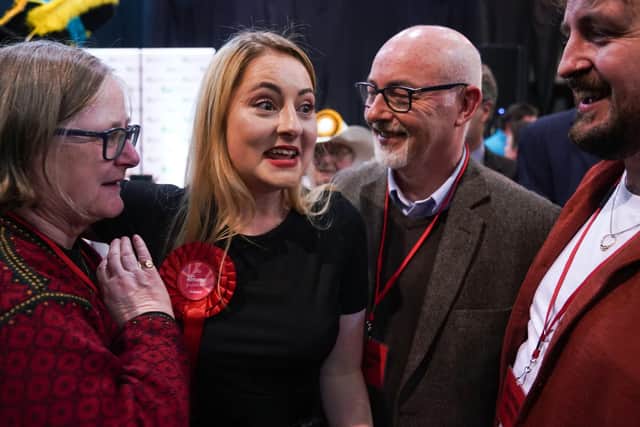 Labour Party candidate Gen Kitchen celebrates with her family after being declared winner in the Wellingborough by-election after she dismantled a Conservative majority of more than 18,000. Joe Giddens/PA Wire