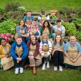 All of the Bake Off contestants from 2023: Saku, Dan, Cristy, Josh, Rowan, Abbi, Amos, Dana, Nicky, Matty, Tasha and Keith.