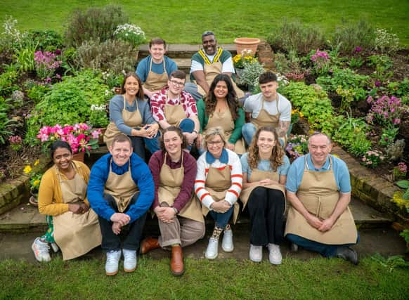 All of the Bake Off contestants from 2023: Saku, Dan, Cristy, Josh, Rowan, Abbi, Amos, Dana, Nicky, Matty, Tasha and Keith.