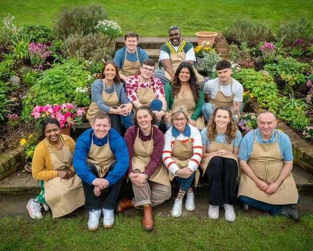 All of the Bake Off contestants from 2023: Saku, Dan, Cristy, Josh, Rowan, Abbi, Amos, Dana, Nicky, Matty, Tasha and Keith.