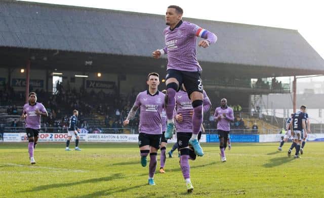 Rangers captain James Tavernier celebrates after scoring his team's second goal from the penalty spot in the 3-0 win over Dundee at Dens Park. (Photo by Alan Harvey / SNS Group)