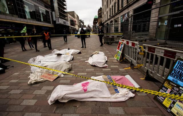 Extinction Rebellion protest outside a branch of Barclays in Glasgow, against the role of banks in the climate crisis. Picture: Susanna Hotham/PA Wire