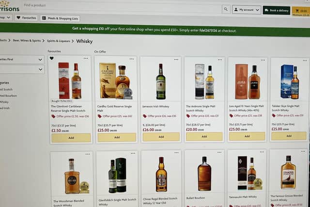 A screengrab reveals the Morrisons pricing error (top left) on a bottle of Glenlivet single malt whisky
Pic: Saltire