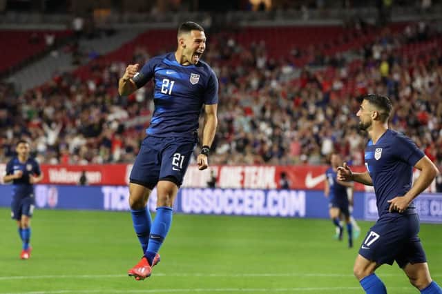 Christian Ramirez celebrates scoring for the United States in a friendly victory over Panama. Picture: Getty