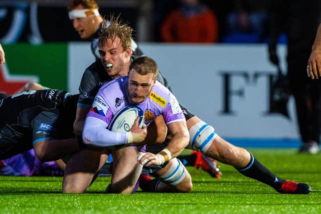 Jonny Gray tackles Stuart Hogg during last season's Champions Cup draw between Glasgow and Exeter. Gray has since joined Hogg at Exeter. Picture: Bill Murray/SNS