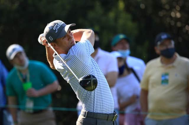 Justin Thomas plays his shot from the 15th tee during a practice round prior to the Masters at Augusta National Golf Club on Tuesday. Picture: Mike Ehrmann/Getty Images.