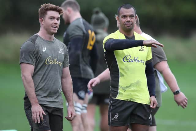 Kurtley Beale, right, with Andrew Kellaway during an Australia training session at Peffermill in Edinburgh ahead of Sunday's match with Scotland. (Photo by Ian MacNicol/Getty Images)