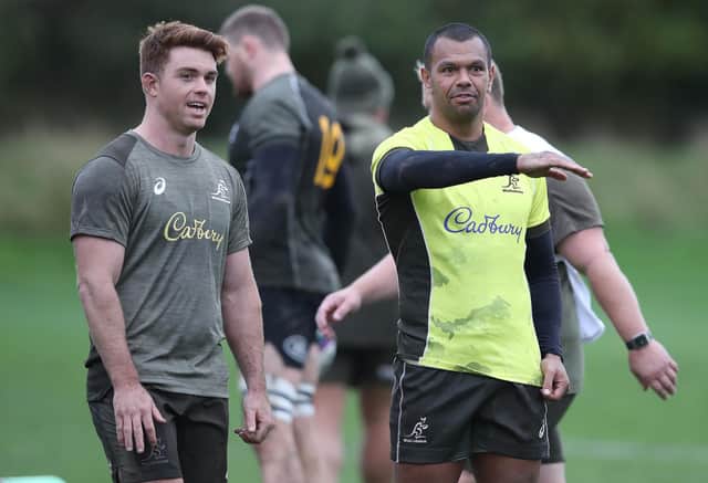 Kurtley Beale, right, with Andrew Kellaway during an Australia training session at Peffermill in Edinburgh ahead of Sunday's match with Scotland. (Photo by Ian MacNicol/Getty Images)
