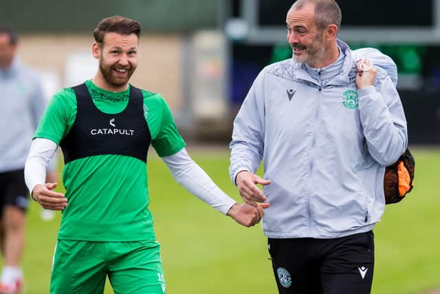 Hibs forward Martin Boyle (left) and assistant manager John Potter were all smiles during a training seassion earlier this season. Photo by Ross Parker / SNS Group