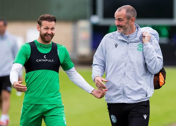 Hibs forward Martin Boyle (left) and assistant manager John Potter were all smiles during a training seassion earlier this season. Photo by Ross Parker / SNS Group