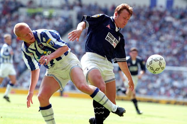 David Hagen, right, in action for Falkirk against Kilmarnock's Gary Holt in the 1997 Scottish Cup final.