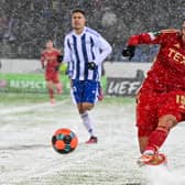 Ester Sokler shoots at goal for Aberdeen during the 2-2 draw against HJK Helsinki.