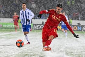 Ester Sokler shoots at goal for Aberdeen during the 2-2 draw against HJK Helsinki.