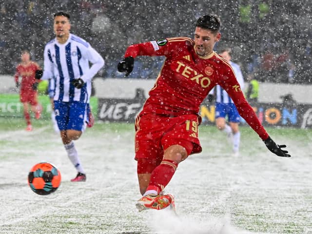 Ester Sokler shoots at goal for Aberdeen during the 2-2 draw against HJK Helsinki.