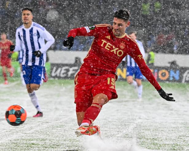 Ester Sokler shoots at goal for Aberdeen during the 2-2 draw against HJK Helsinki.