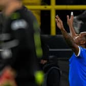 Rangers' Colombian striker Alfredo Morelos celebrates scoring the second goal during the UEFA Europa League play-off football match BVB Borussia Dortmund v Rangers in Dortmund on February 17, 2022. (Photo by SASCHA SCHUERMANN/AFP via Getty Images)