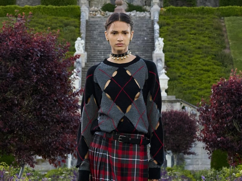 Argylle cashmere sweater with tartan trousers