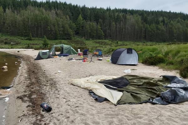 Photo issued by Forestry and Land Scotland of litter and abandoned tents at Loch Grannoch on 8 July 2020. PIC: Forestry and Land Scotland/PA Wire