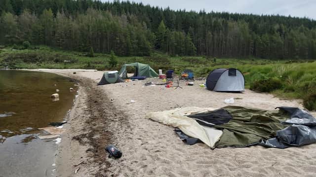 Photo issued by Forestry and Land Scotland of litter and abandoned tents at Loch Grannoch on 8 July 2020. PIC: Forestry and Land Scotland/PA Wire
