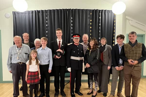 Lord-Lieutenant Alexander Manson of Aberdeenshire with the volunteers.