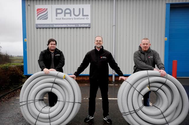 Paul Heat Recovery new employee trustees Craig Hutcheson (left) and Garrie Glasgow (right) with director Stefan Huber (centre). Picture: Scottish Enterprise/Colin Hattersley